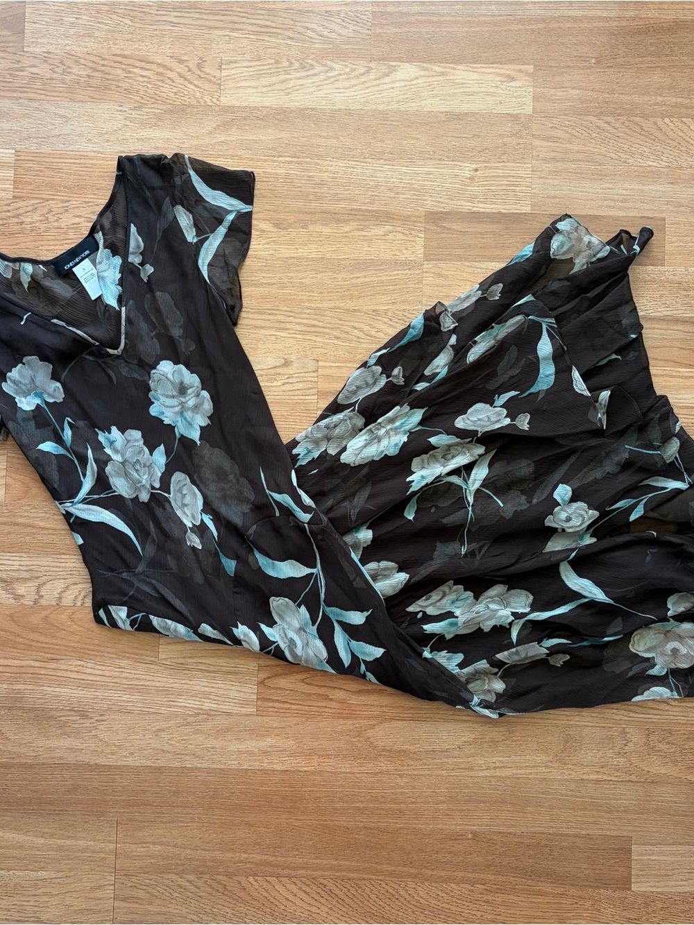 Jones New York Brown Maxi Dress with Teal Floral Print